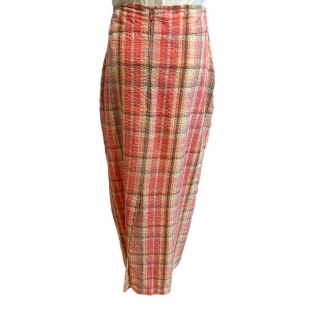 J PETERMAN 90s PINK & OLIVE GREEN PLAID SEERSUCKER PENCIL MIDI SKIRT SZ 12 - Picture 2 of 9